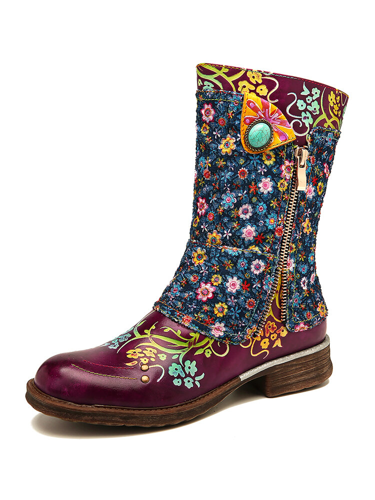 SOCOFY Retro Genuine Leather Small Flowers Pattern Stitching Zipper Flat Boots