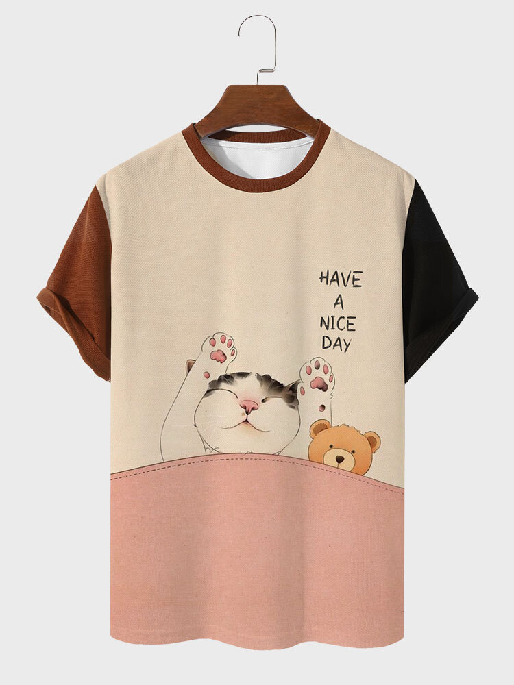 

Mens Cartoon Animal Slogan Print Patchwork Short Sleeve T-Shirts, Apricot