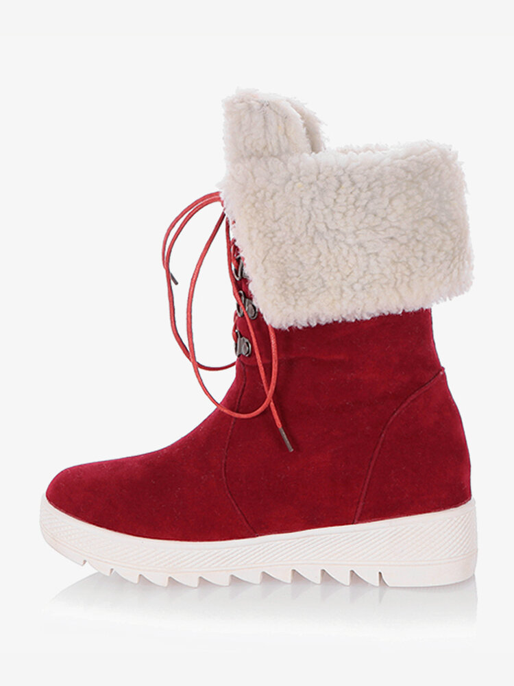 

Women Casual Warm Fluff Flanging Lace Up Mid-Calf Snow Cotton Boots, Red;black;yellow