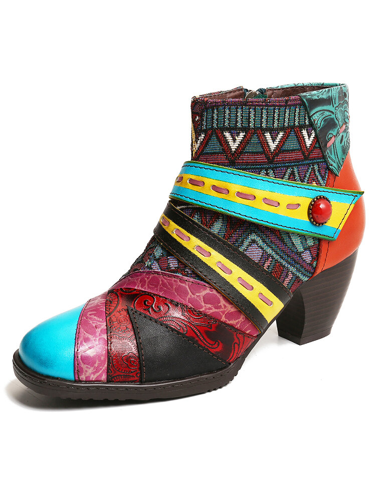 SOCOFY Bohemian Colorful Stripes Splicing Pattern Zipper Ankle Leather Boots