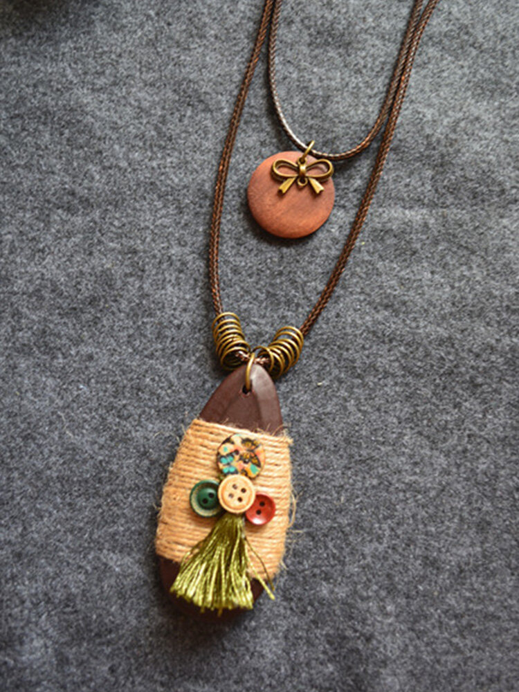 Vintage Ethnic Buttons Tassels Decorated Drop-shape Wood Alloy Wax Rope Hemp Rope Double-layer Necklace