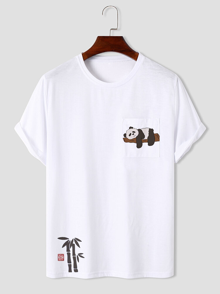 Camisetas de manga corta con bolsillo estampado de bambú chino para hombre Panda