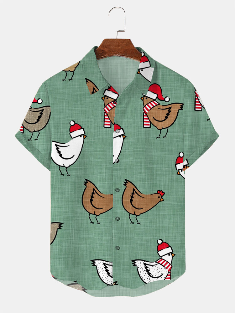 Mens Allover Christmas Chicken Print Lapel Short Sleeve Shirts Winter