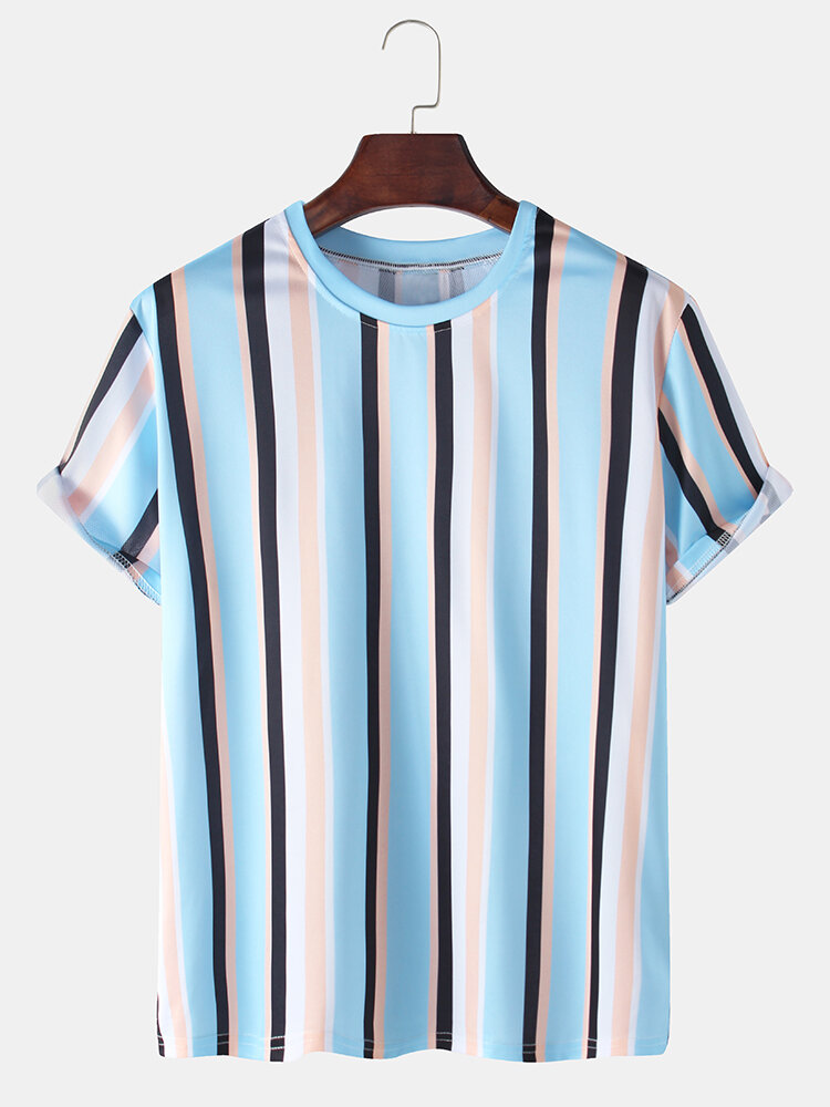 Mens Vertical Stripes Print Loose Casual Breathable Round Neck T-Shirts