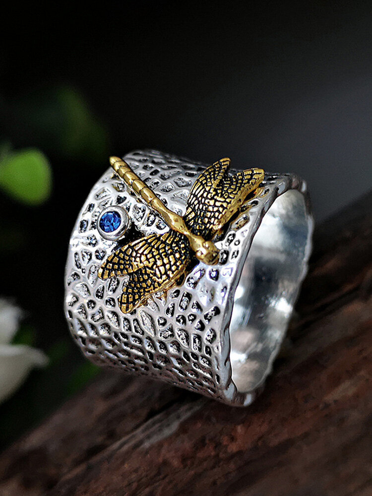 Vintage 925 Thai Silver Ring Dragonfly Inlaid Diamond Women Ring