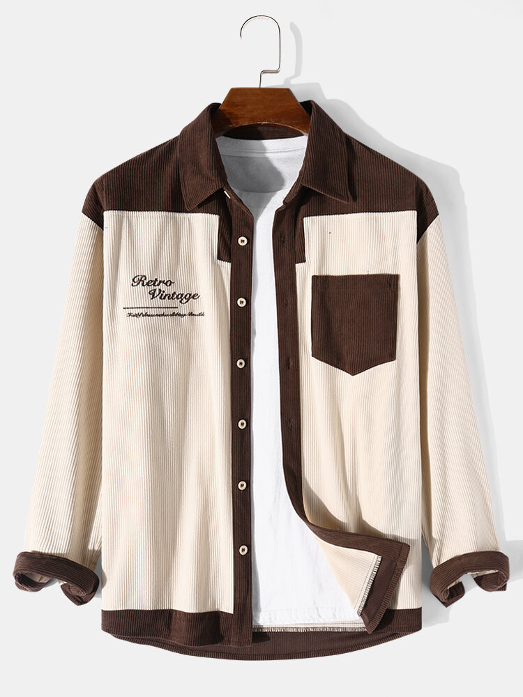 Mens Contrast Patchwork Letter Embroidery Corduroy Long Sleeve Shirts