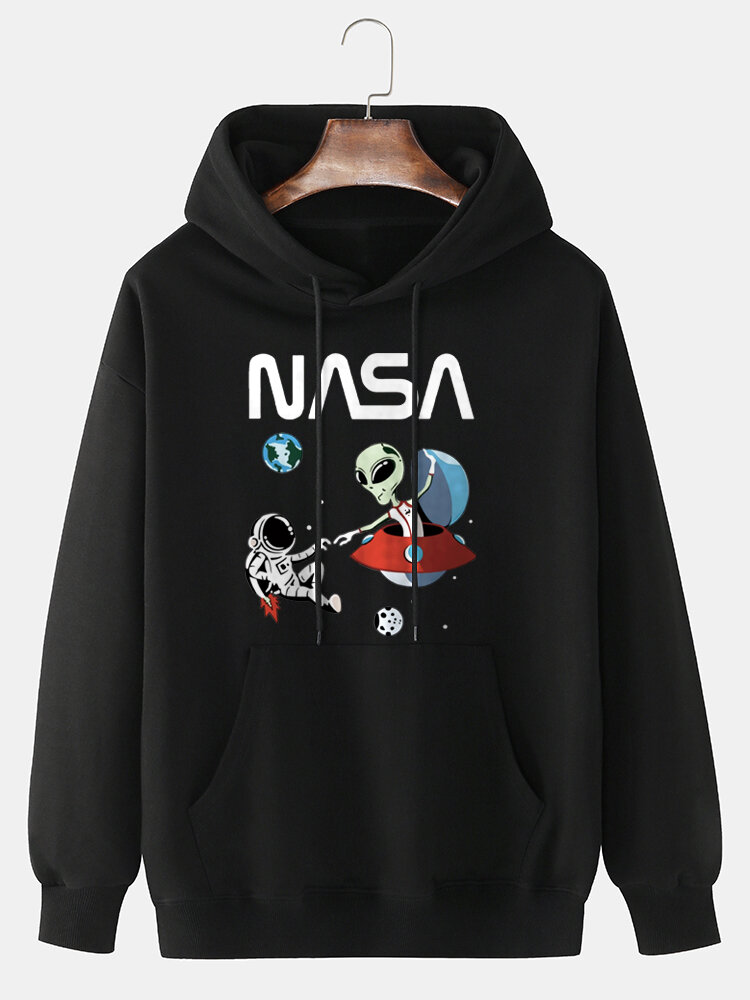 Mens Astronaut & Alien Print 100% Cotton Casual Overhead Hoodies