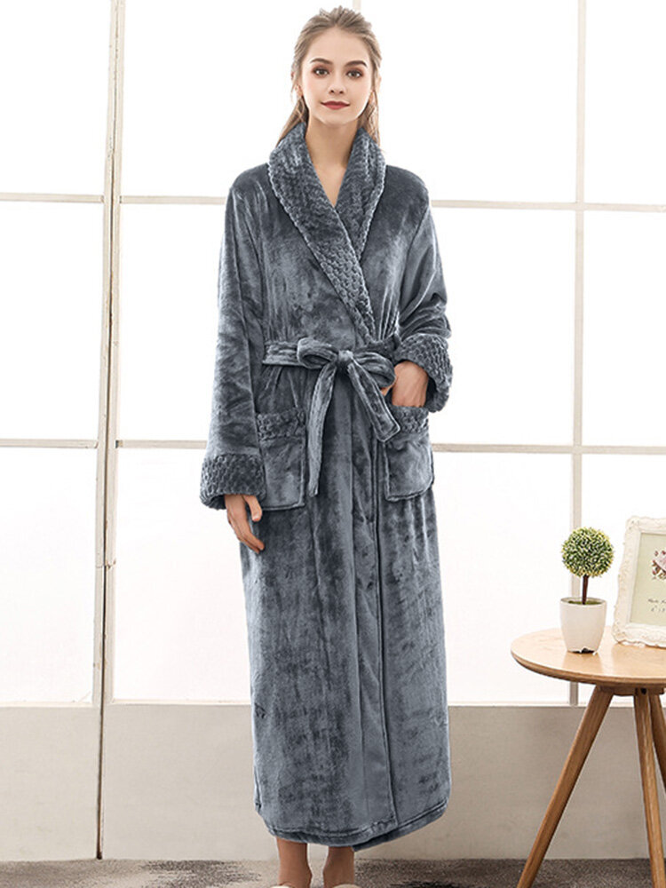 

Plus Size Flannels Robe Long Thickened Warm Soft Tie Belt Pajamas For Women, White;green;grey;pink;purple;wine red