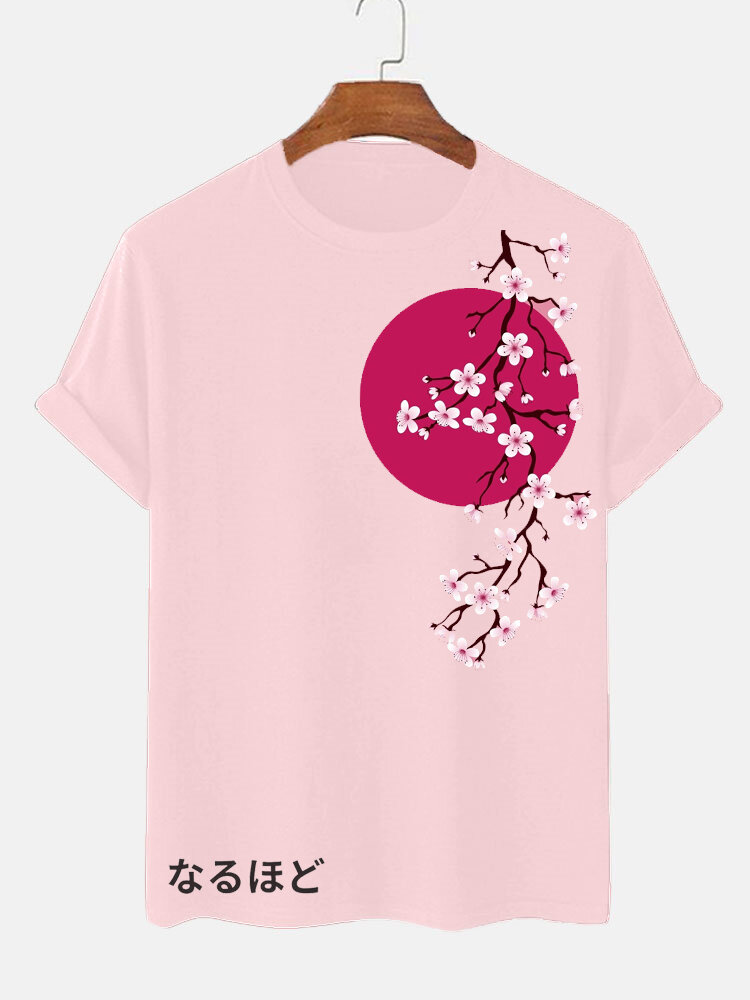 

Mens Japanese Cherry Blossoms Print Crew Neck Short Sleeve T-Shirts Winter, Pink