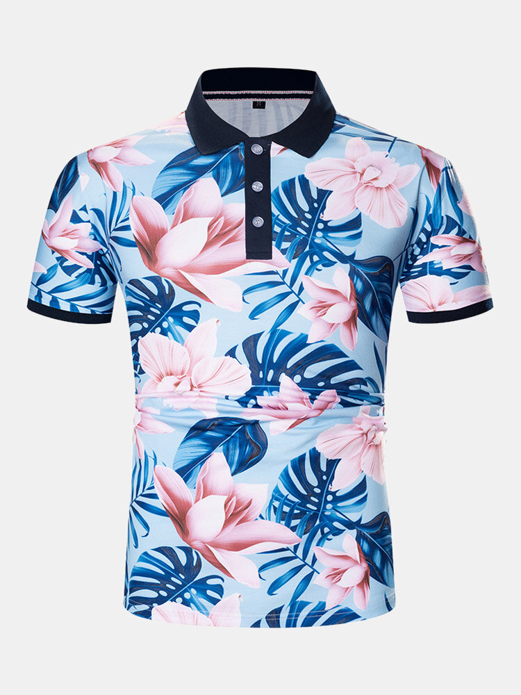 Mens Tropical Plant Print Holiday 100% Cotton Short Sleeve Golf Shirts