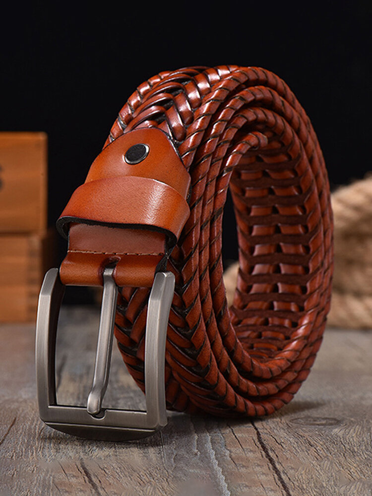 JASSY 110-125cm Men's Leather Vintage Casual Pin Buckle Woven Hollow Belt