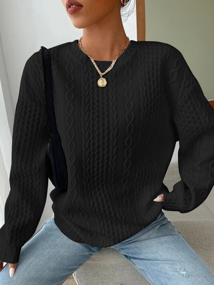Sweat-shirt décontracté à col rond en tricot torsadé pour femmes