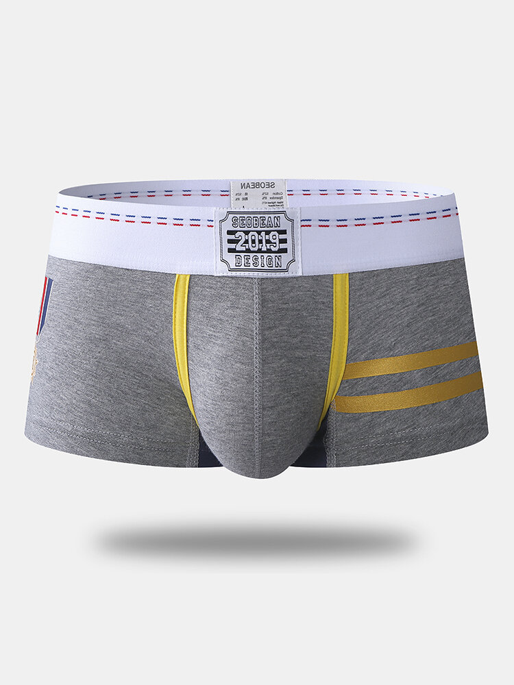 Men Hipster Print Boxer Briefs Color Block Cotton Comfortable Underwear With Pouch