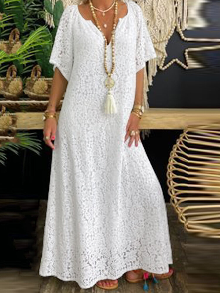 Women Lace Notched Neck Lined Half Sleeve Maxi Dress
