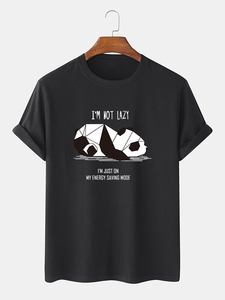 Mens 100% Cotton Slogan & Geometric Panda Pattern Short Sleeve T-Shirt
