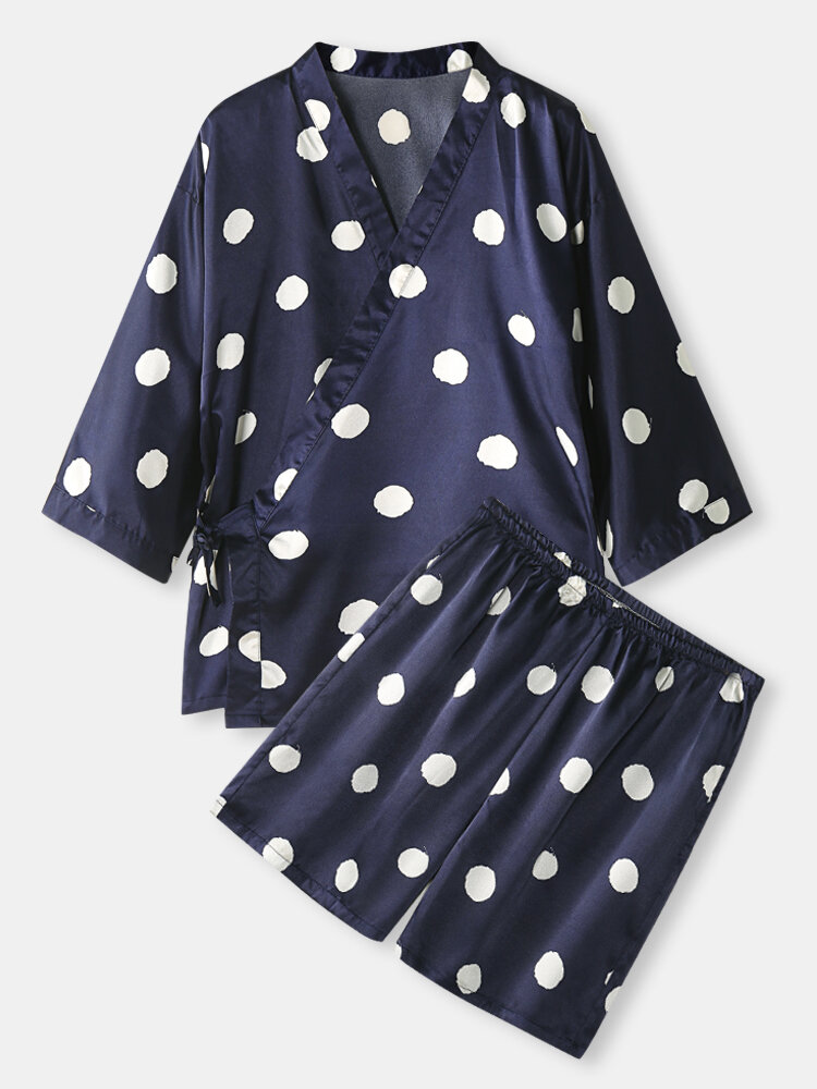 Mens Polka Dot Print Tie Side Kimono Satin Pajamas Sets With Shorts
