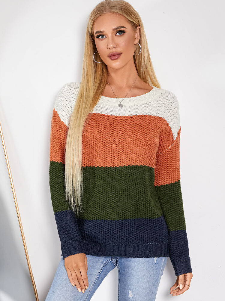 Contrast Color Crew Neck Long Sleeve Women Knit Sweater