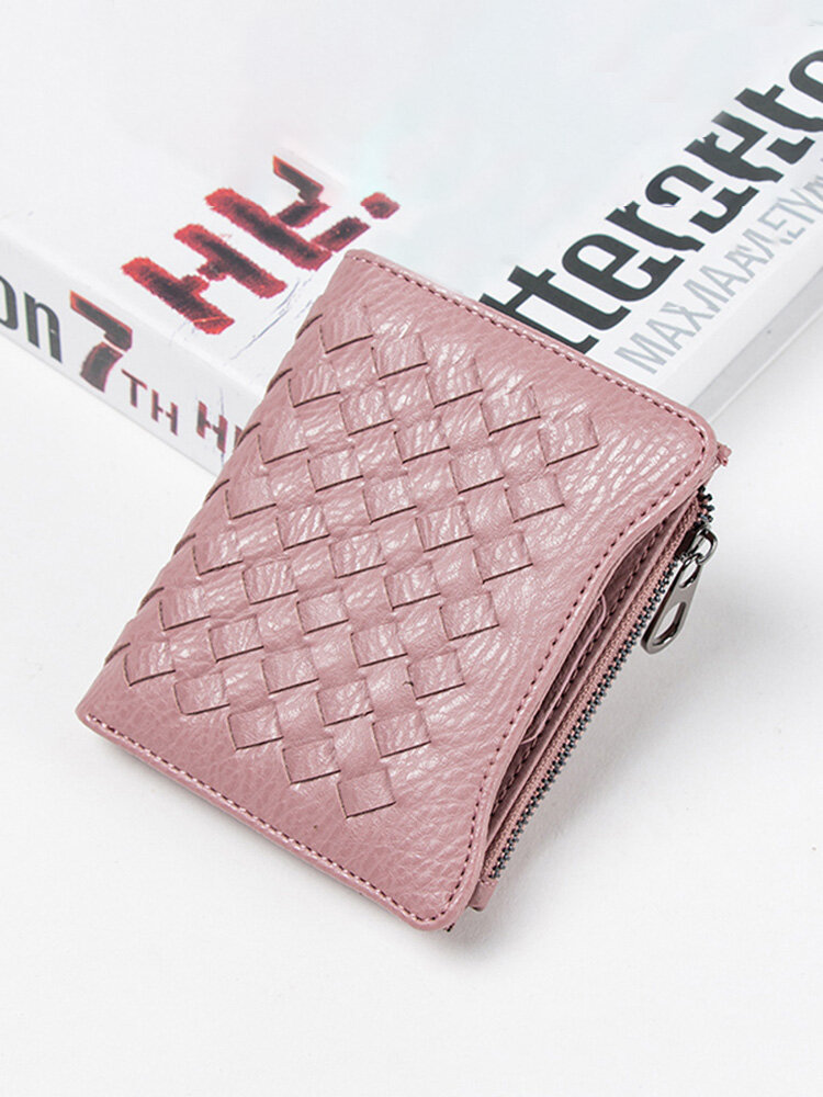 Women PU Weave Wallet Short Wallet Purse Casual Parcel Coin Bag