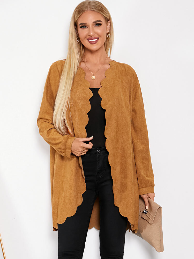 Solid Suede Scalloped Trim Open Front Long Sleeve Jacket