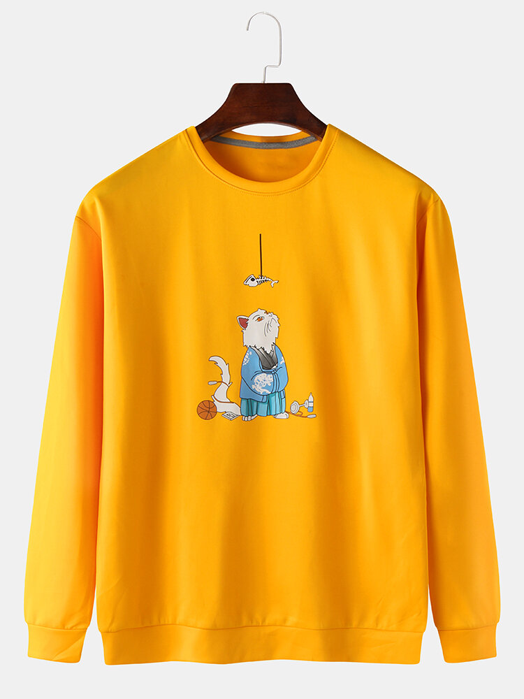 Mens Cartoon Cat Chest Print Crew Neck Loose Pullover Sweatshirt