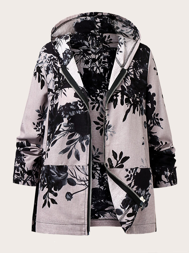 Plus Size Calico Pattern Zip Front Long Sleeve Hooded Coat