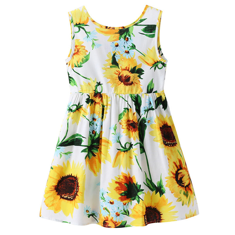 

Sunflower Printed Girls Summer Tropical Dresses For 1Y-9Y, White;navy