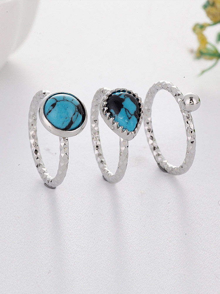 3 Pcs Vintage Trendy Drop Geometric Shape Turquoise Alloy Rings Set