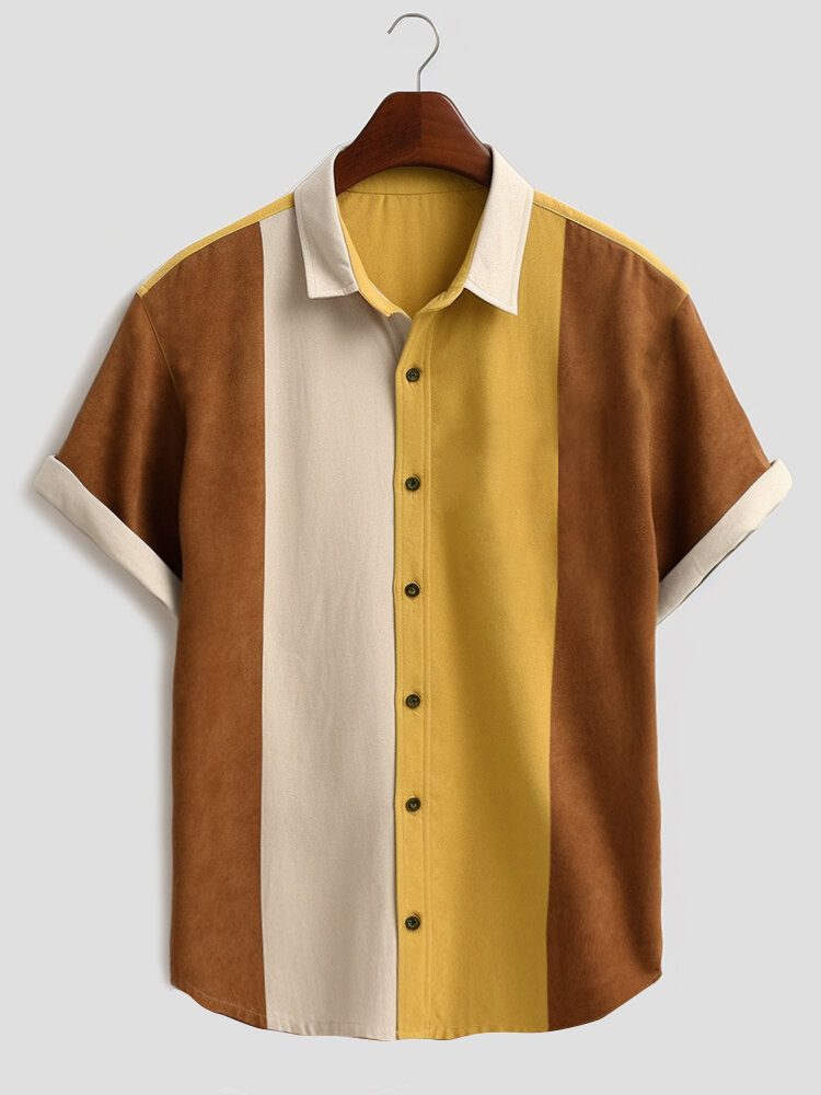 Mens Color Block Patchwork Chest Casual Short Sleeve Shirts