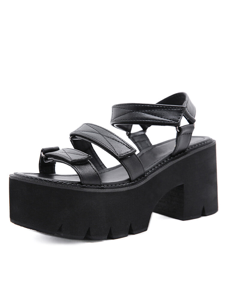 Women Comfy Hook & Loop Fashion Black Platform Wedges Sandals