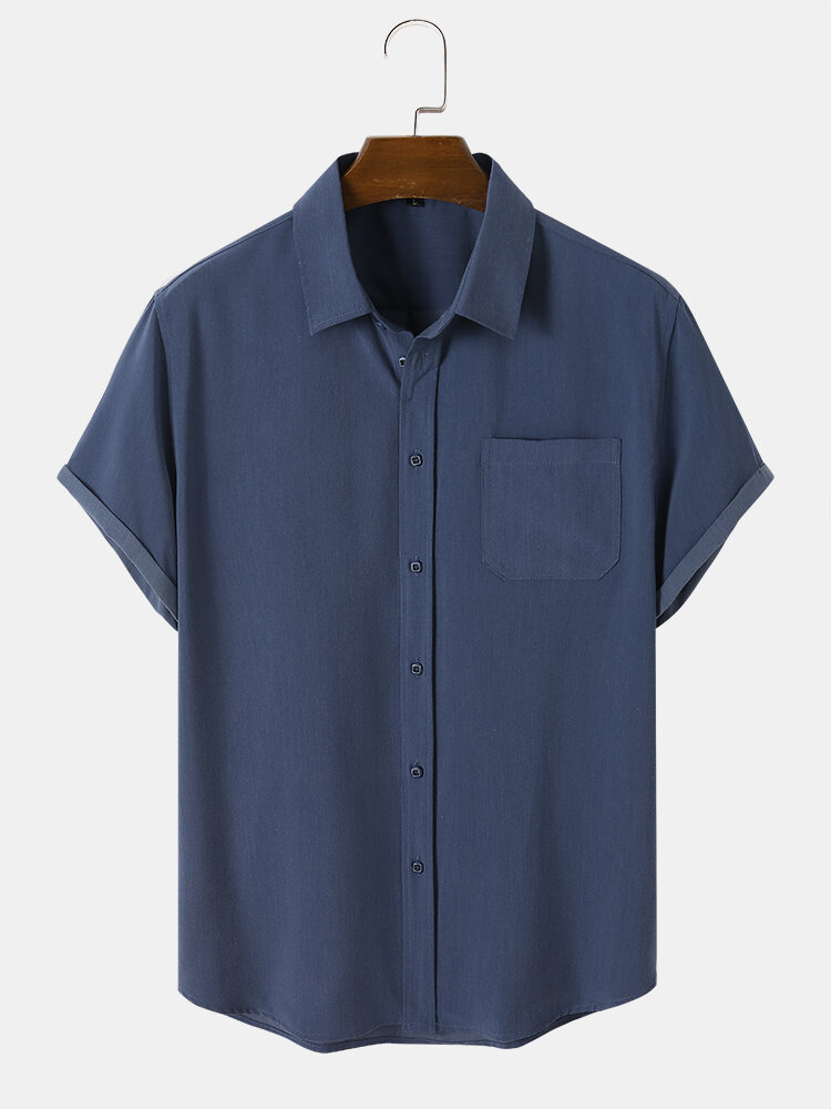 Mens Solid Color Chest Pocket Cotton Short Sleeve Denim Shirts