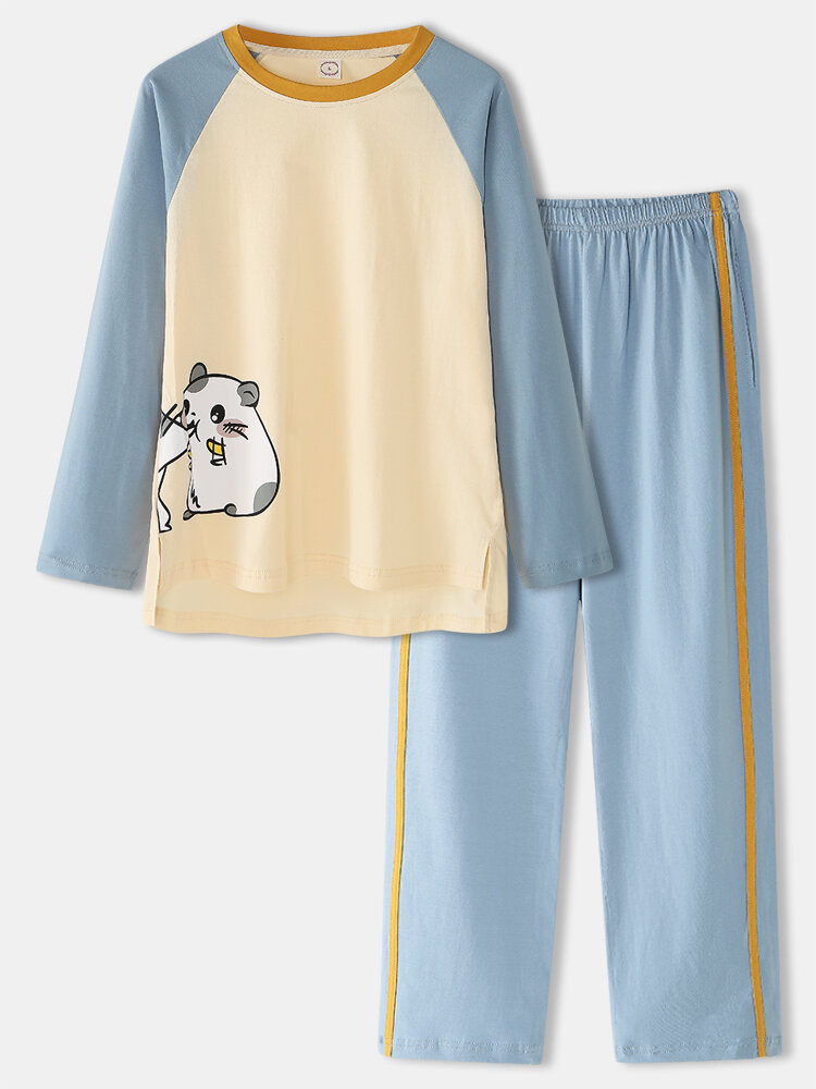 

Women Cute Animal Printed Contrast Raglan Sleeve 100% Cotton High Low Pajamas Set, Blue
