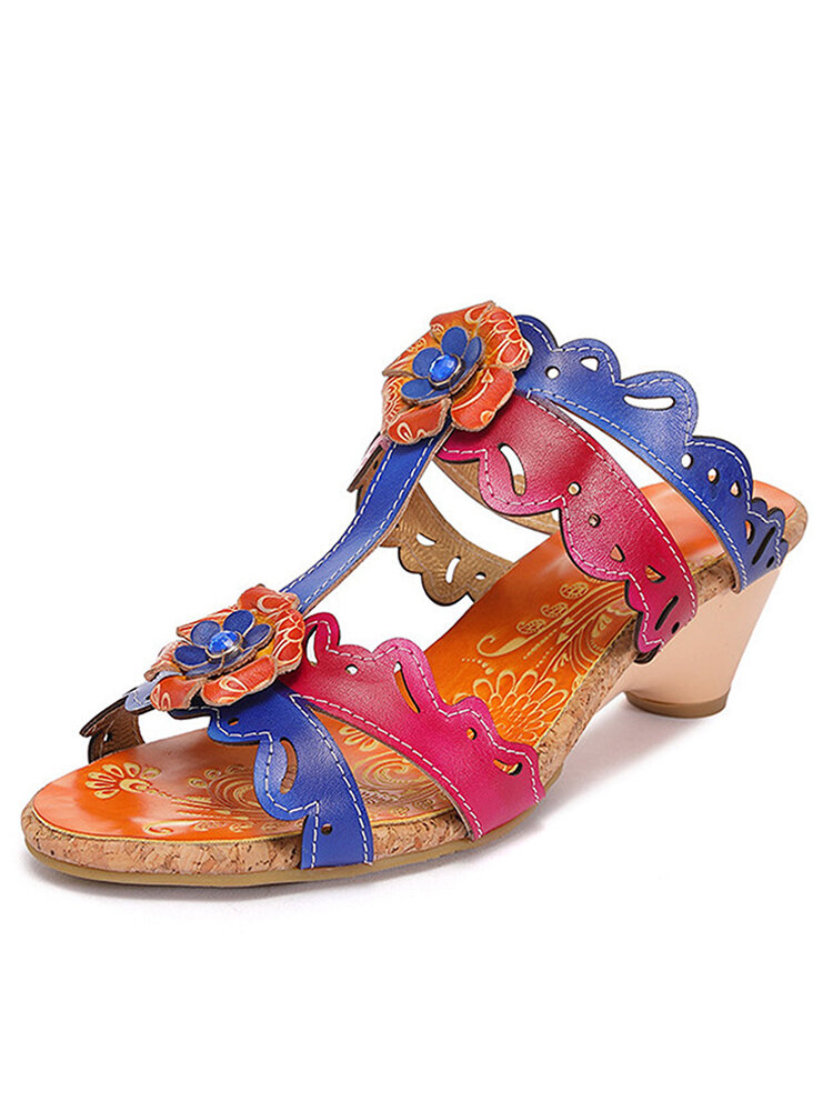 SOCOFY Leather Floral Round Toe Fish Mouth Wedge Slippers Women's Sandals