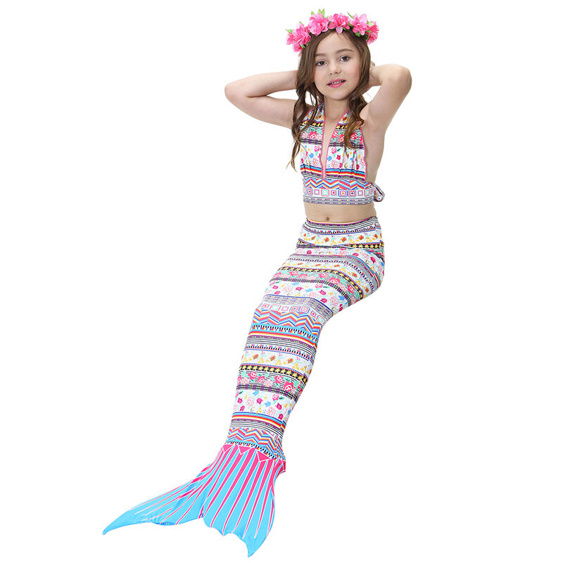 3Pcs Bohemian Style Girls Mermaid Tail Bikini Sets Bathing Suit Swimwear For 4Y-13Y