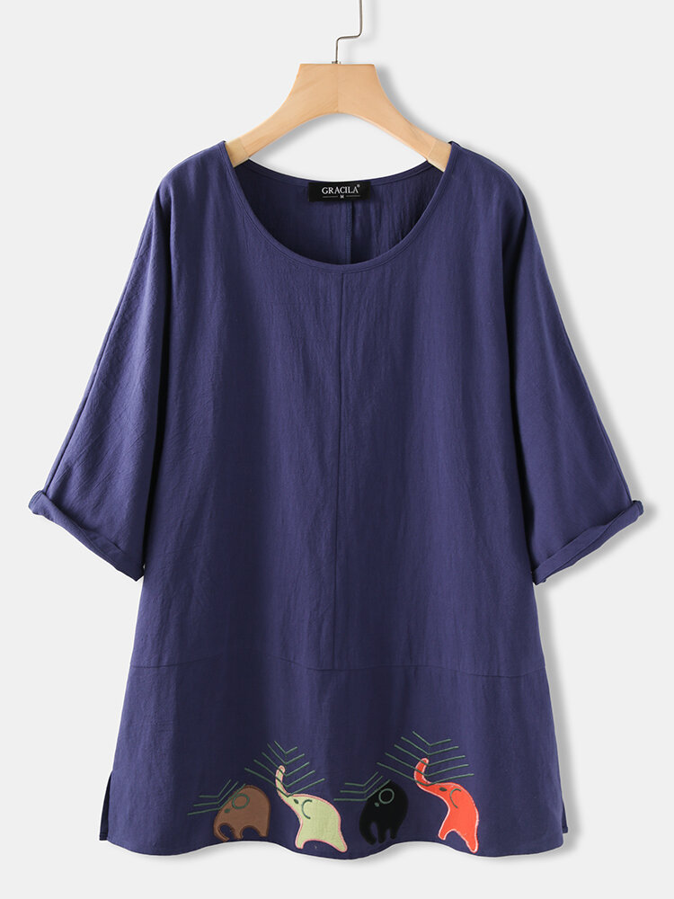 女性刺繍ハーフスリーブオーバーヘッドカジュアルTシャツ