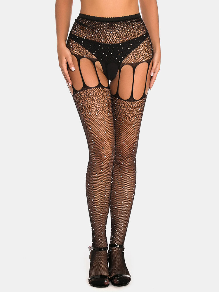 

Women Fishnet See Through Cutout Open Crotch Skinny Fit Stockings Sexy Lingerie With Rhinestone