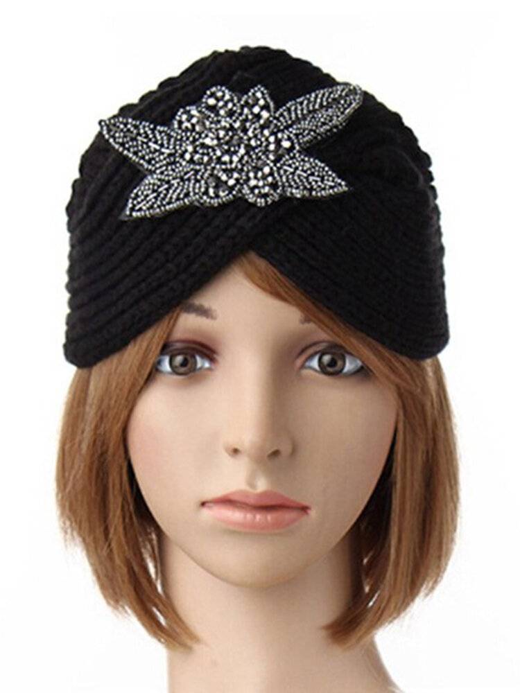 Turban Knit Crochet Handmade Headband Winter Warm  Beanie Hat Metal Jewel Accessory
