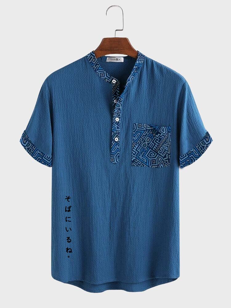 

Mens Geometric Japanese Print Patchwork Short Sleeve Henley Shirts, Blue