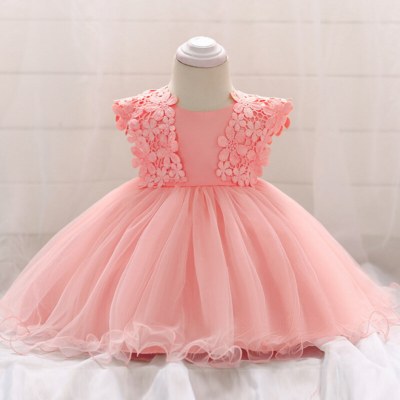 Baby Shower Dresses Lace Decor Bowknot at Back Girls Party Tulle Dress For 6-24M