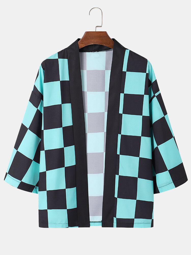 Mens Checkered Print Open Front Loose 3/4 Sleeve Kimono