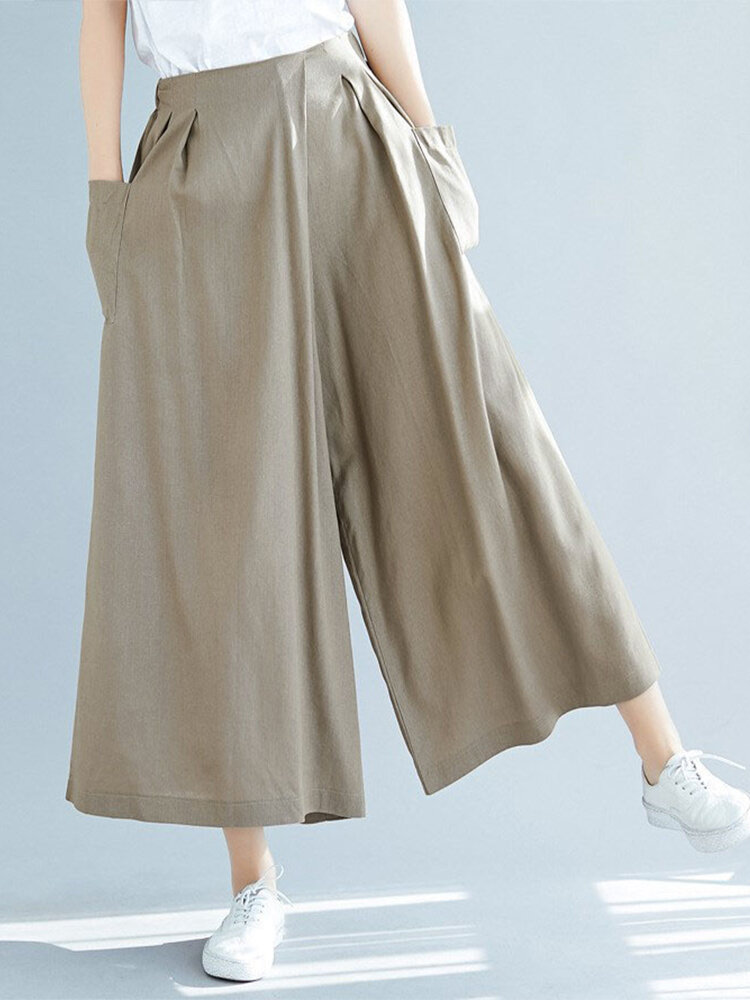 Casual Solid Color Plus Size Wide Leg Pants with Pockets