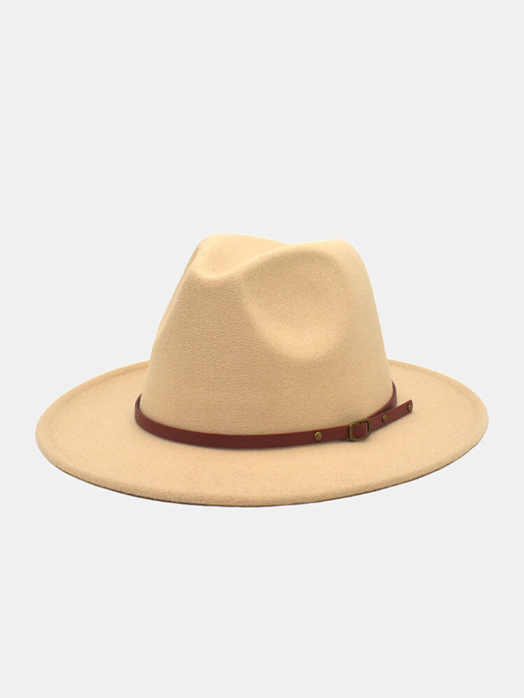 Unisex Woolen Cloth Solid Color Rivet Strap Decoration Big Flat Brim Vintage Top Hat Fedora Hat
