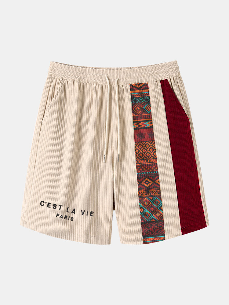 Mens Letter Embroidered Ethnic Printed Spliced Mid Length Shorts