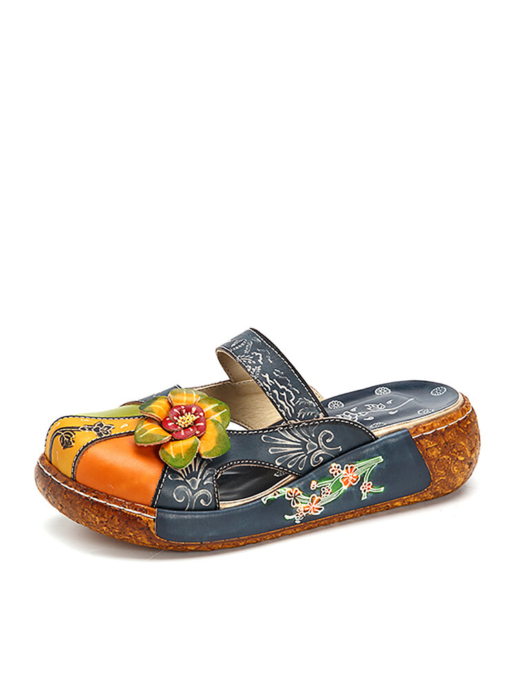SOCOFY Sandálias Coloridas Florais Vintage de Couro com Ocos Sem Costas