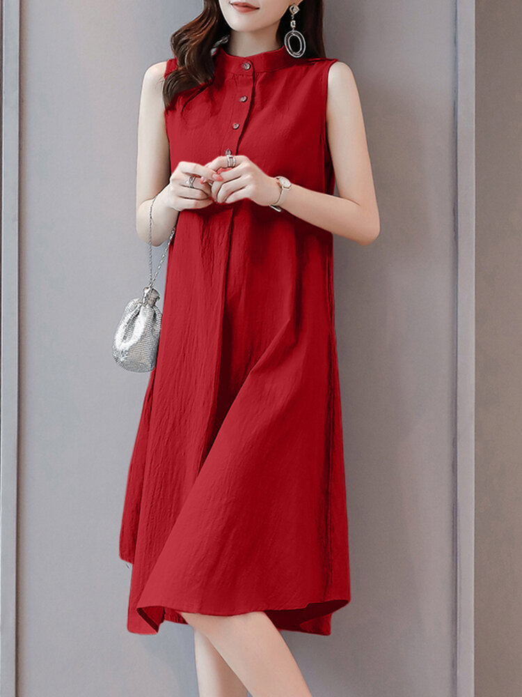 Solid Stand Collar Button Sleeveless Dress For Women