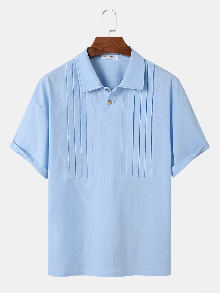Camicie da golf casual a maniche corte in cotone pieghettato tinta unita da uomo