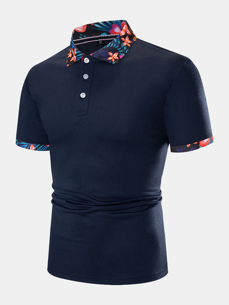 Mens 100% Cotton Floral Print Trim Holiday Short Sleeve Golf Shirts