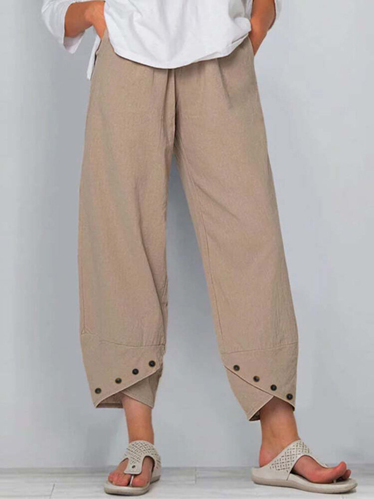 

Women Cotton Solid Casual Irregular Cuff Cropped Pants, Khaki