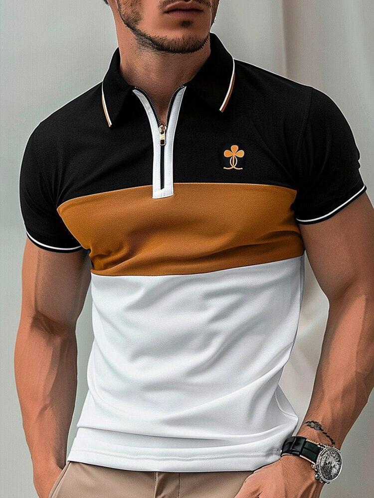 

Mens Floral Color Block Patchwork Half Zip Short Sleeve Golf Shirts, Orange
