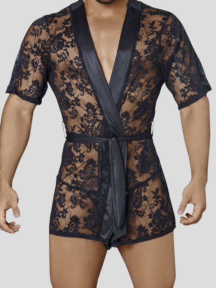 Floral Lace See Through Sexy Breathable Robes For Mens