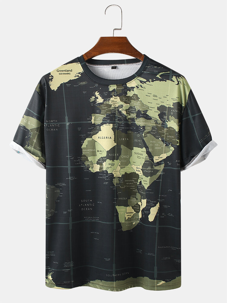 

Mens All Over World Map Print Loose Street Short Sleeve T-Shirts, Black